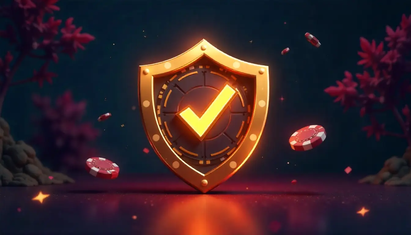 Golden shield with casino chip and checkmark, representing safe and licensed online casinos.
